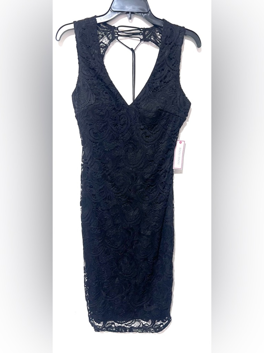 NWT Bisou Bisou Michele Bohbot Black Lace Bodycon Dress, Open Back, Size 4